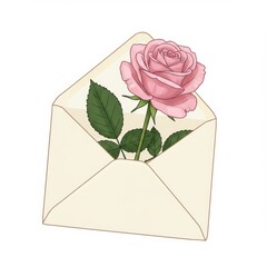 Pink Rose Blossom in an Open Beige Envelope with a white background Still Life