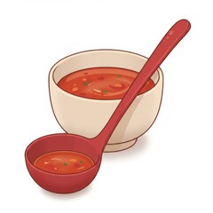 Tomato Soup in White Bowl with Red Ladle Isolated on White Background