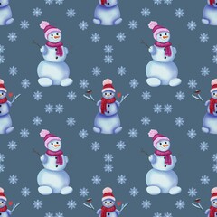 Seamless pattern with watercolor snowmen and snowflakes on grey background