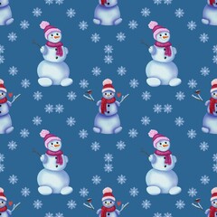 Seamless christmas pattern with smiling watercolor snowmen and snowflakes on blue background