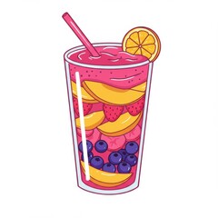 Fruit Smoothie Pixel Art Glass with Straw and Sliced Orange on White Background