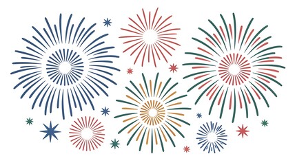 Illustration of colorful fireworks bursting in the sky, creating a festive atmosphere isolated on white background