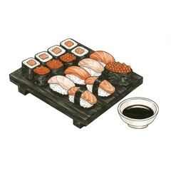 Assorted Sushi on a Black Tray with Soy Sauce Japanese Cuisine Illustration