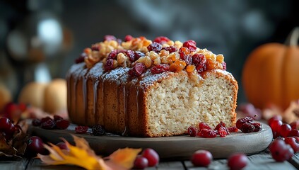 Fresh cranberry pound cake topped with candied nuts and powdered sugar on rustic wooden board, surrounded by autumn decorations and fresh berries.