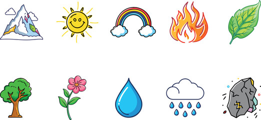 Nature and environment colorful cartoon icon pack with sun, cloud, rainbow, mountain, tree, flower, leaf, fire, water droplet, and rock