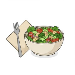 Bowl of Fresh Salad with Tomato Cucumber and Onion with Fork and Napkin