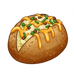 Loaded Baked Potato Topped with Melted Cheese and Fresh Green Chives on a White Background