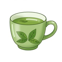 Illustration of Green Tea Cup with Herbal Leaves on White Background Art