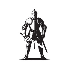 Silhouette of a knight in full armor holding a sword, standing ready for battle, representing strength and courage technology background