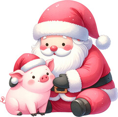 Cute Santa Claus with Piglet Christmas Illustration