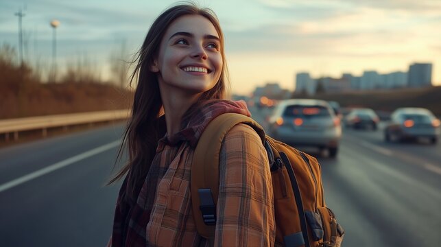 Smiling woman with backpack on the road. Woman is hitchhiking on highway. A journey through the countryside with a view of the countryside. A woman with a backpack walking down the road, lifestyle.