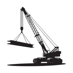 Silhouette of a mobile crane lifting a steel beam at a construction site, isolated on white background technology background