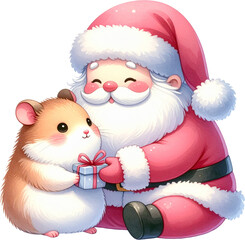 Cute Santa Claus Giving Gift to Hamster Christmas Illustration