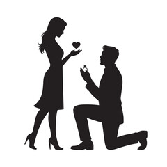 Silhouette of a man proposing to a woman with a ring, a heart floating between them, isolated on white background technology background
