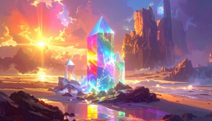 Colorful crystals stand guard over a serene, sun-drenched beach, showcasing vibrant hues and a mystical atmosphere.