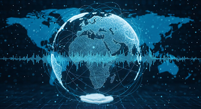 Digital earth globe with sound wave and network connections over a world map background design ai generated - Powered by Adobe