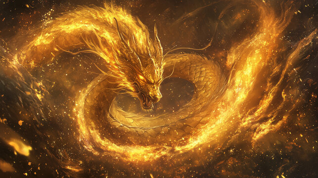 黄金の光をまとう、壮大で神々しい龍のイラスト