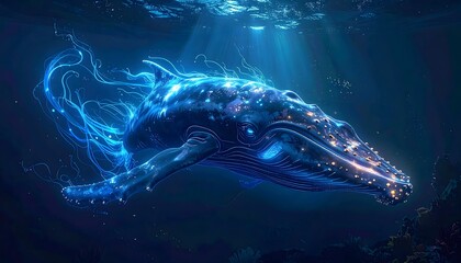 Majestic glowing whale swims gracefully in the deep ocean with ethereal light and glowing trails of energy