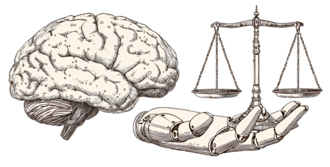 a simple clipart illustration of the human brain and an ai hand holding up scales, representing artificial intelligence in law and justice on a transparent background.