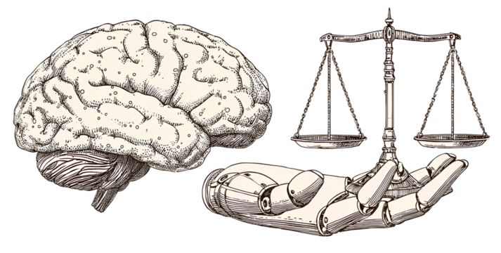a simple clipart illustration of the human brain and an ai hand holding up scales, representing artificial intelligence in law and justice on a transparent background.