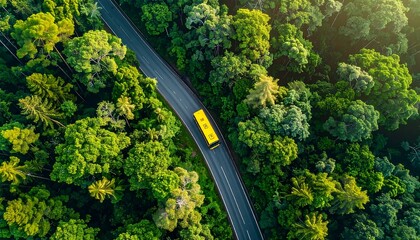 Journey Through Green Bus on Road with Lush Greenery, A Nature Trip on wheels