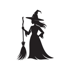 Silhouette of a witch with a pointed hat and broom, isolated on a white background, representing magic and halloween technology background