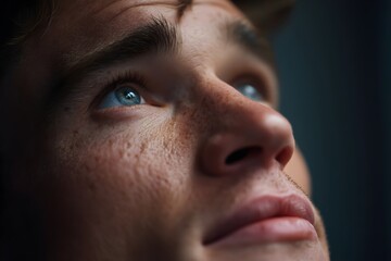 Obraz premium Young man gazing upwards with a thoughtful expression in a softly lit indoor setting during late afternoon