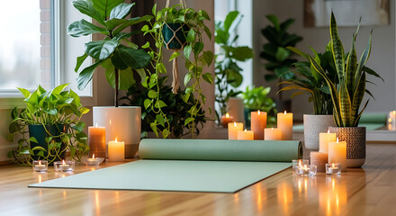 Serene yoga studio filled with lush houseplants and flickering candles creating a tranquil atmosphere for mindfulness practice