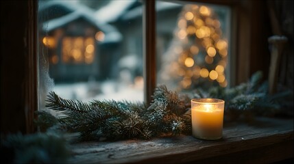 Warm candlelight glows beside a frosty window during a peaceful winter evening with a Christmas tree in the background