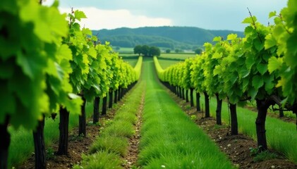 Naklejka premium Rain lashed vineyard, vibrant green vines, Ribera del Duero, Spain , outdoor, clouds