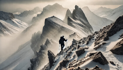 Solitary Journey Through Foggy Mountain Peaks