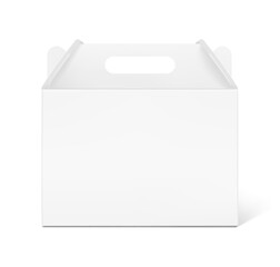 Gable box with handle for transport and sell your product mockup. Vector illustration isolated on white background. Easy to use for presentation your product, idea, promo, design. EPS10.