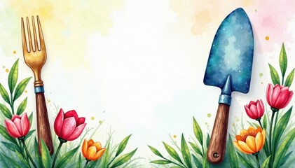 Watercolor trowel & fork, spring gardening theme Ideal scrapbooking element , painting, green