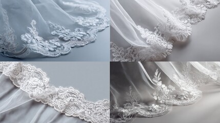 and keyword list based on the image

 Close-up captures exquisite, decorative trim of a bridal veil, studio setting