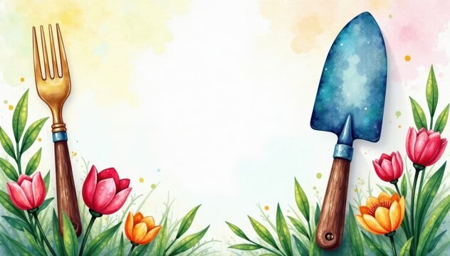 Watercolor trowel & fork, spring gardening theme Ideal scrapbooking element , painting, green