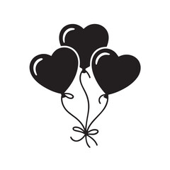 Three black heartshaped balloons tied together with strings and a bow, isolated on white background technology background