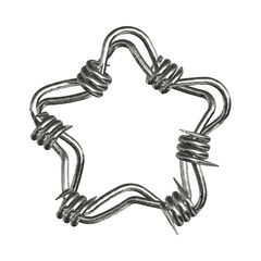 Punk rock style star shape made from iron barbed wire with noise and grain texture enhancing its edgy appearance.
