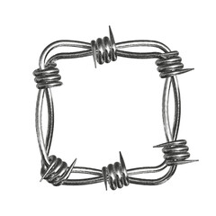 This artwork features a square barbed wire frame that captures a punk rock vibe with military influences, emphasizing noise and grain for a gritty feel.