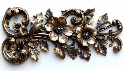 Fototapeta premium 3D render of an elegant old brass baroque floral flourish with ornate leaves and high-relief carving, vintage antique decorative design in classic rococo style