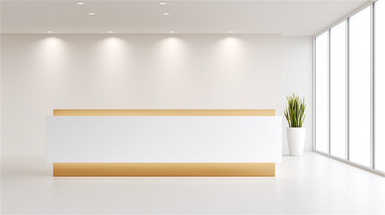 Bright modern reception interior with minimal design and clean surfaces, symbolizing service, hospitality and architecture, with stylish open copy space.