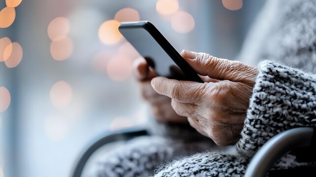 Senior woman in gray knit sweater using smartphone, close up view of hands holding mobile device against soft bokeh background, modern technology lifestyle.