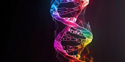 A vibrant, rainbow-hued DNA double helix spirals against a dark background, rendered in a stylized, almost ethereal manner with glowing, interconnected lines and nodes