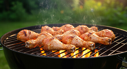 Chicken drumsticks in spicy rub sizzling on barbecue grill with flames, outdoor summer party BBQ