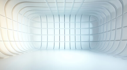 Empty studio room interior showing a grid pattern on curved walls and floor, creating a modern, clean, and abstract design for virtual presentations or product displays