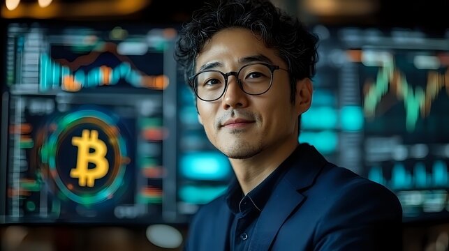 Asian businessman in glasses and navy suit smiling confidently against cryptocurrency trading screens with bitcoin symbol and market charts glowing in blue and green light. - Powered by Adobe