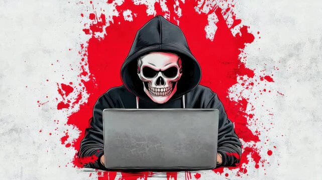 Dark hoodie figure with skull mask working on laptop with red splatter background emphasizing themes of danger and cybercrime