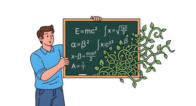 Man Presenting Equations with Plant Overgrowth A Fusion of Science and Nature