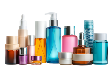 Collection of various cosmetic and skincare bottles isolated on transparent background