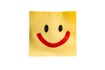 Yellow sticky note with a hand drawn smiley face isolated on transparent background
