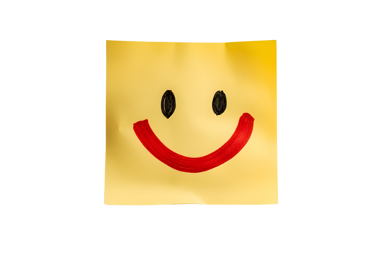 Yellow sticky note with a hand drawn smiley face isolated on transparent background
